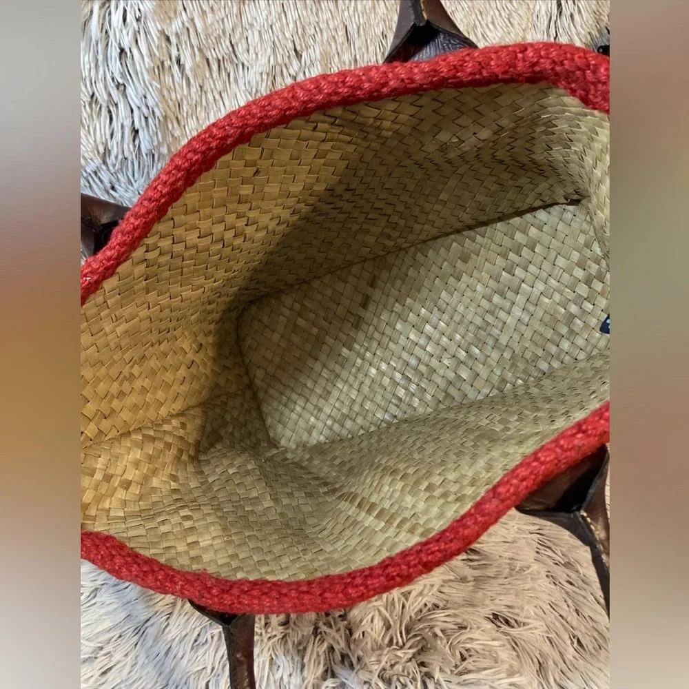 GAP Red Woven Tote with Brown Leather Handles